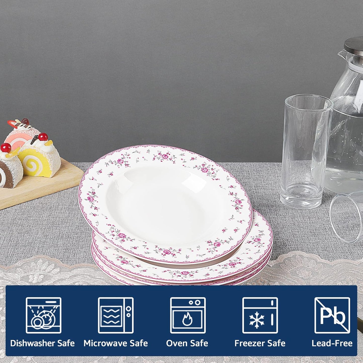 fanquare 8 Inch Porcelain Soup Bowls Set of 4, Round Pasta Plates Set for Salad, Dessert, Snack, Pink Roses