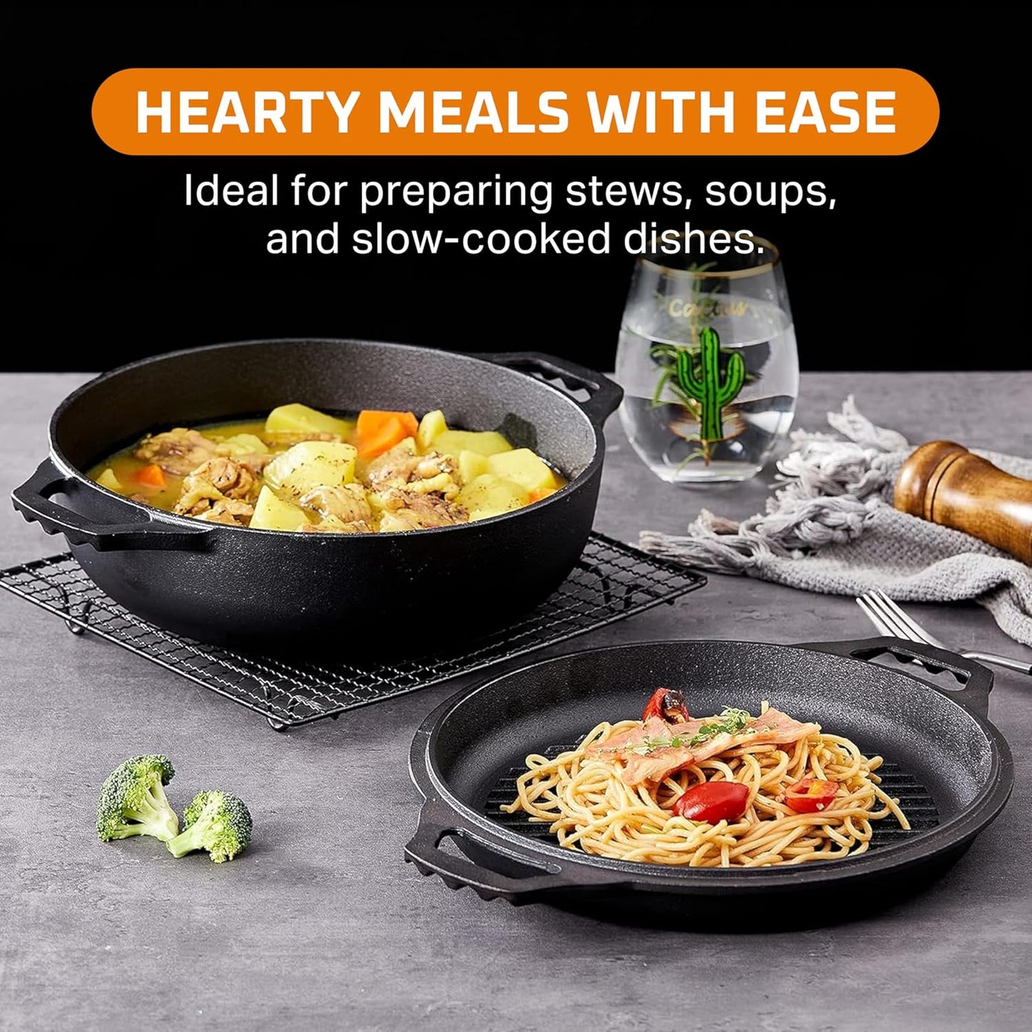 2-in-1 Enameled Cast Iron Cocotte Double Braiser Pan with Grill Lid 3.3 Quarts - Barbecue Grill Non Stick Frying Pan - Casserole Cookware Wide Handle (Grey)