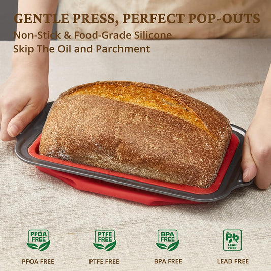 BRONYPRO 9x5 Inch Non-Stick Bread Loaf Pan,Non-Toxic Silicone Baking Mold For Homemade Bread,Heavy-Duty Steel Frame,Dishwasher Safe-Red