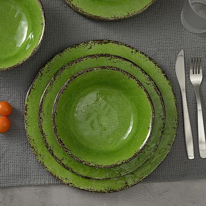 LEHAHA Melamine Dinnerware Set, 12-Piece Dishes Set, Lightweight and BPA Free Rustic Plates and Bowls Sets, Service for 4, Indoor Outdoor Use, Great for Patio, Camping, RVs (Green)