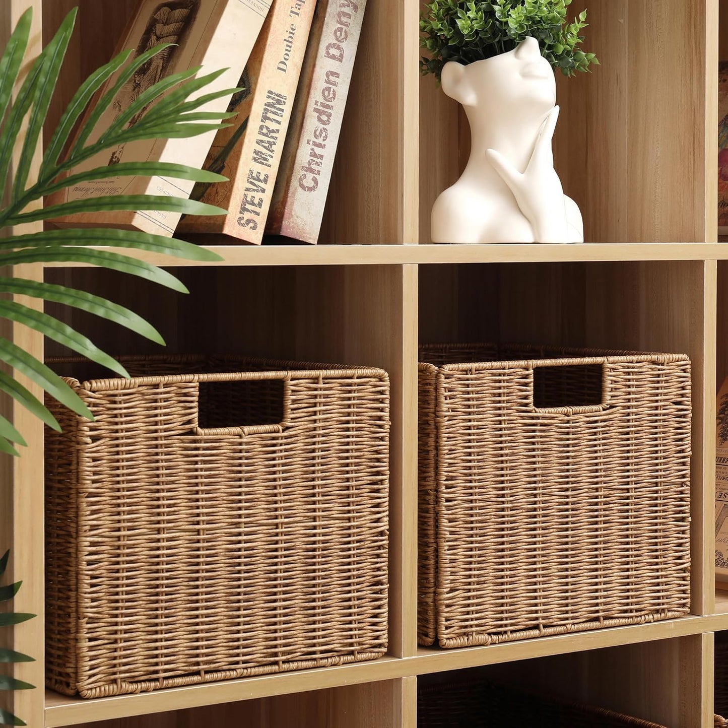 12X12X10in Plastic Wicker Storage Basket, Collapsible Wicker Cube Storage for Shelves, Woven Plastic Storage Basket for Pantry, Bedroom, Living Room, Bathroom, Shelves-3 Pack