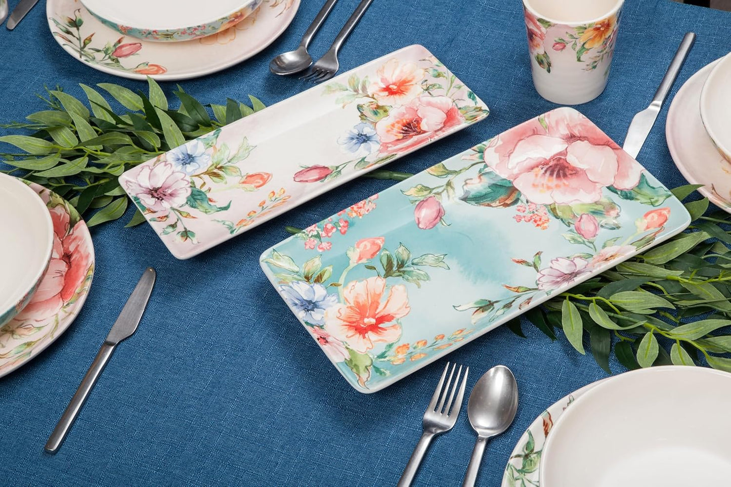 Bico Margret's Garden Ceramic 14 inch Rectangular Serving Platter, Set of 2, for Serving Salad, Pasta, Cheese, Ham, Appetizer, Microwave & Dishwasher Safe