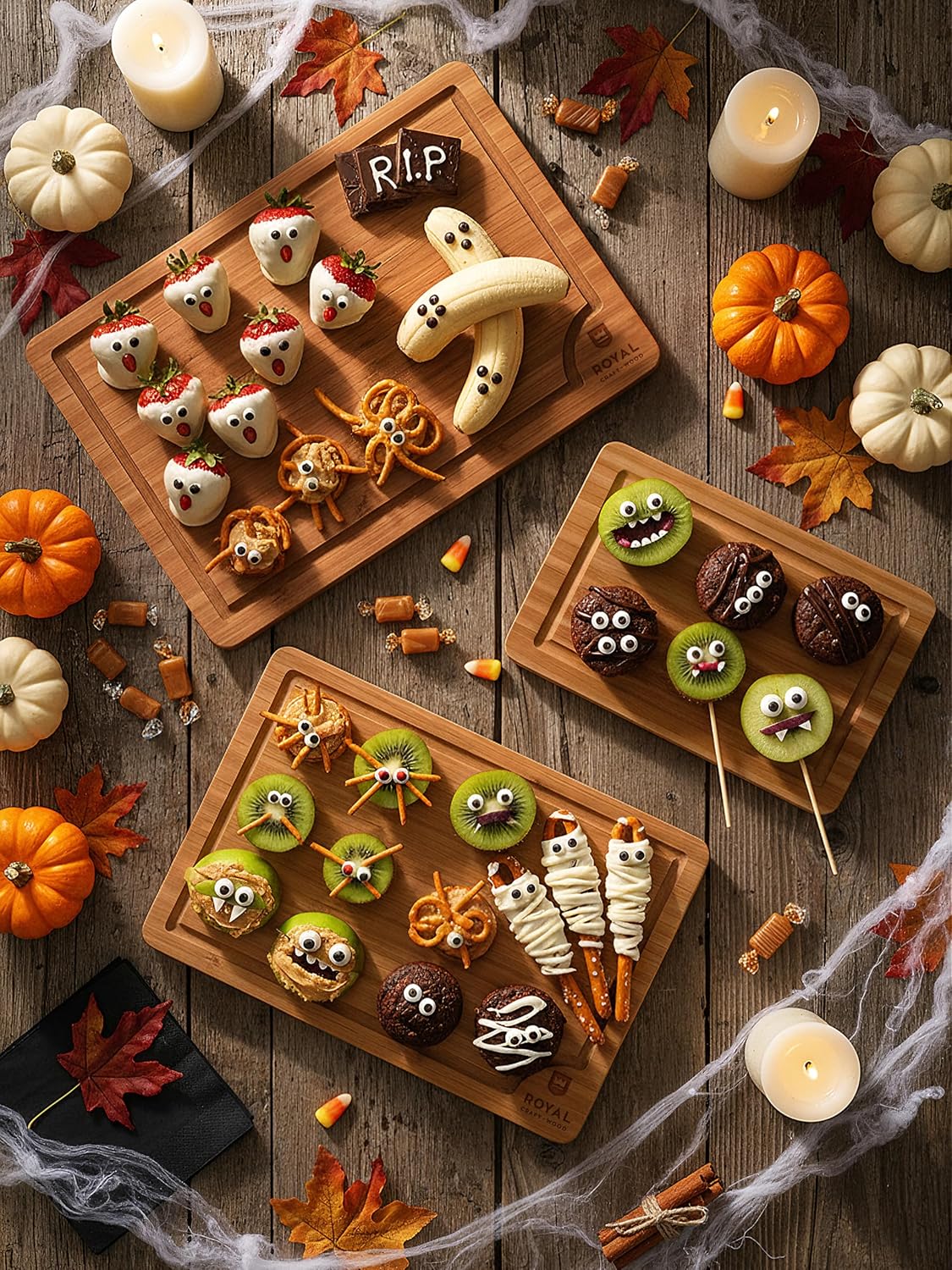 ROYAL CRAFT WOOD Wooden Cutting Boards for Kitchen Meal Prep & Serving - Bamboo Wood Serving Board Set with Deep Juice Groove Side Handles - Charcuterie & Chopping Butcher Block for Meat (3 Pcs)