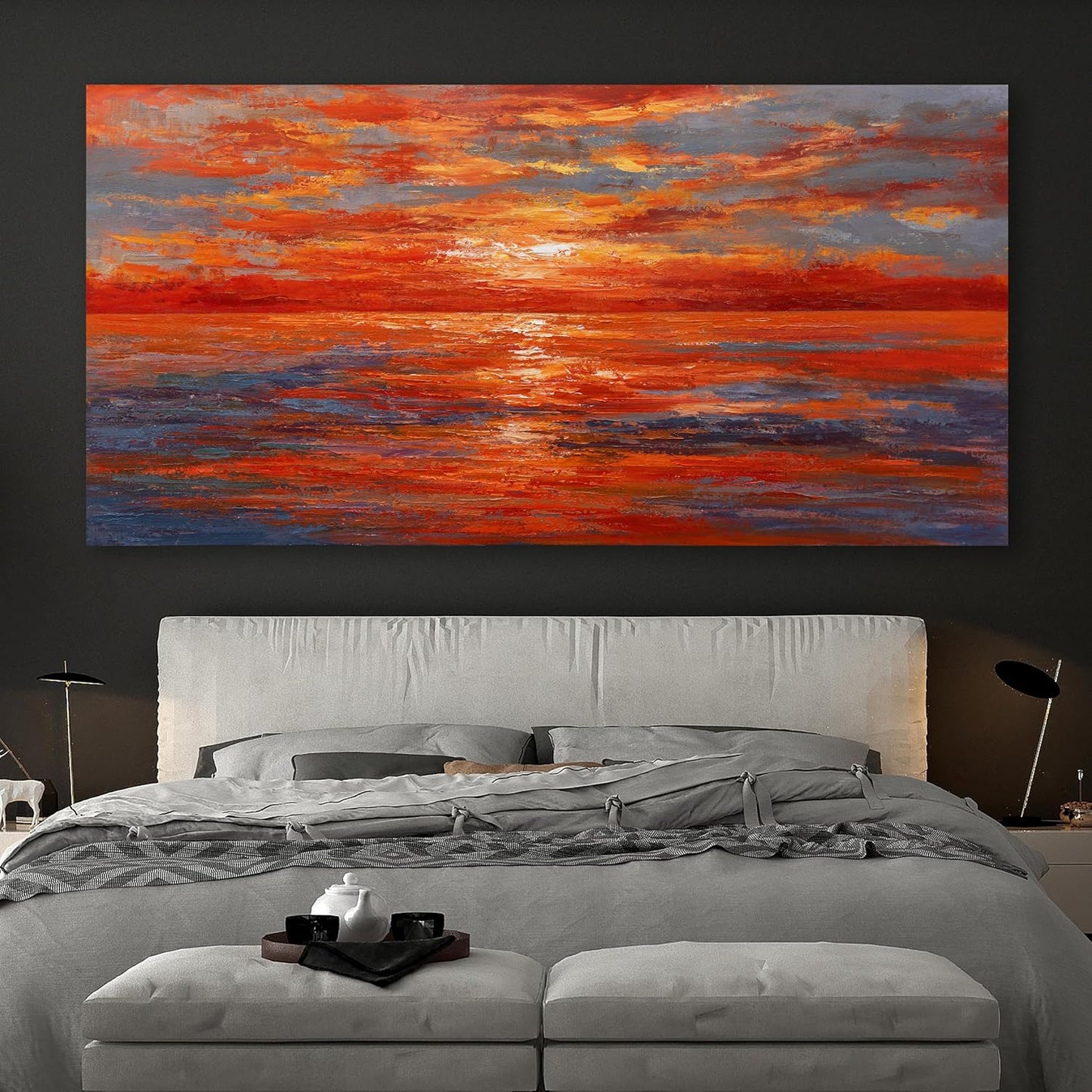 Red Sunset Ocean Abstract Wall Art Canvas Print Wall Decor Landscape Painting Framed Beach Artwork for Living Room Bedroom Office Farmhouse Bar Home Decor 29"x58"