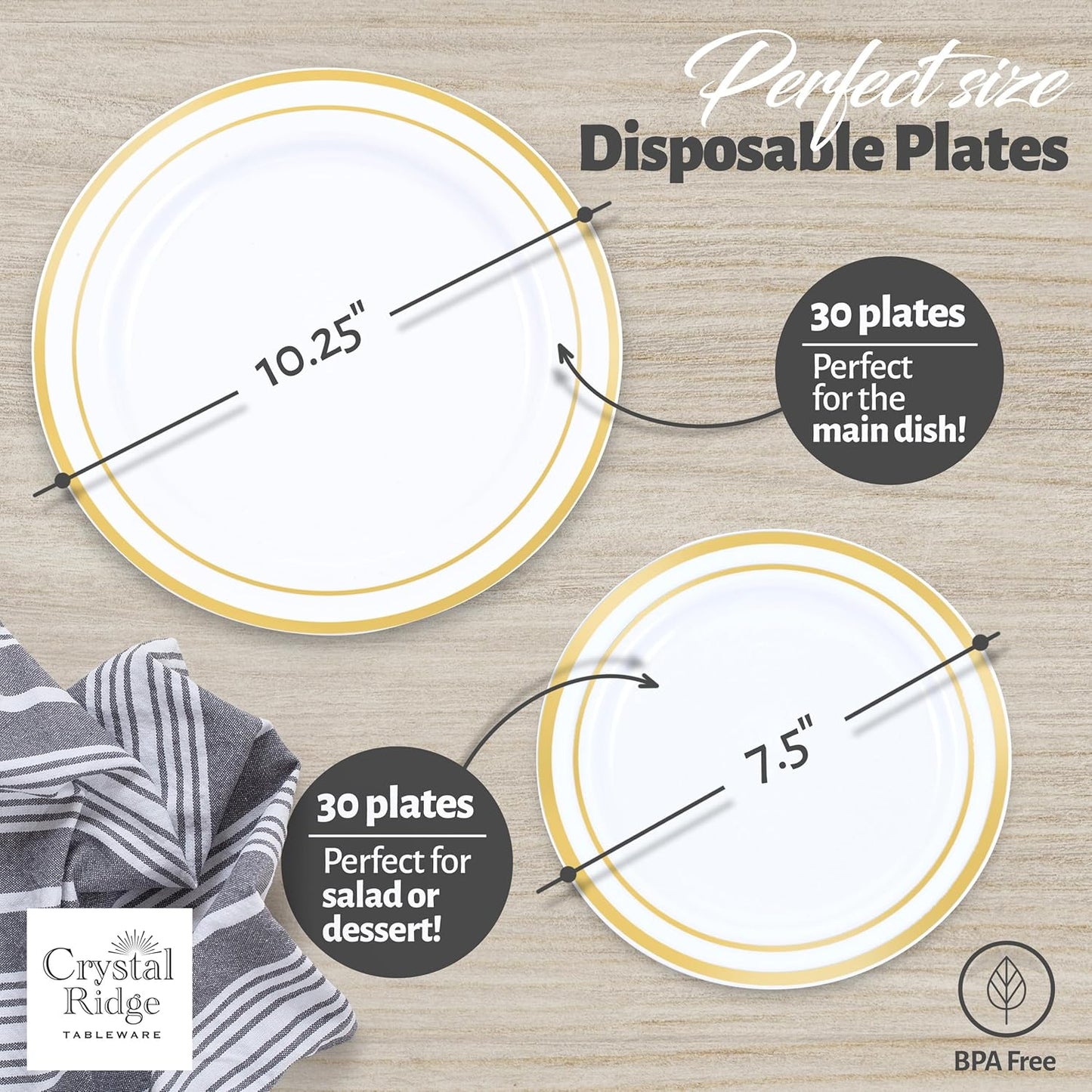 60 Pieces White Plastic Disposable Plates - Premium Heavy-Duty 30 Dinner Plates & 30 Salad Plates with Gold Rim Ideal for Party, Birthday and Special Events