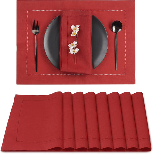 D'Moksha Homes Linen Placemats Set of 8 - Classic Hemstitch Bright Red Placemats 14 x 19 Inch - 100% Pure Linen Table Mats for Fall, Autumn and Halloween - Handcrafted and Machine Washable