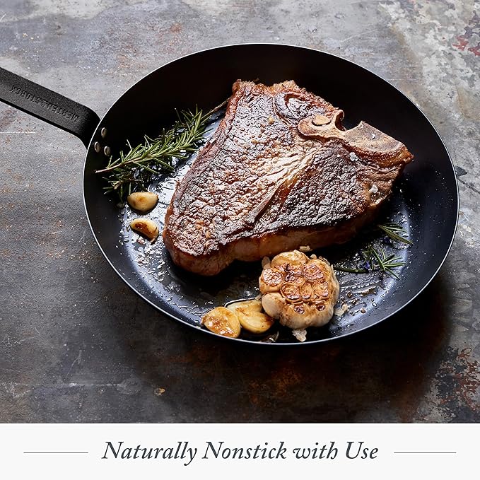 Merten & Storck Pre-Seasoned Carbon Steel 12” Frying Pan Skillet, Use on Induction, Stove and Grill, Durable, Even-Heating, for Searing, Grilling, Oven Use, and Campfire, Indoor/Outdoor