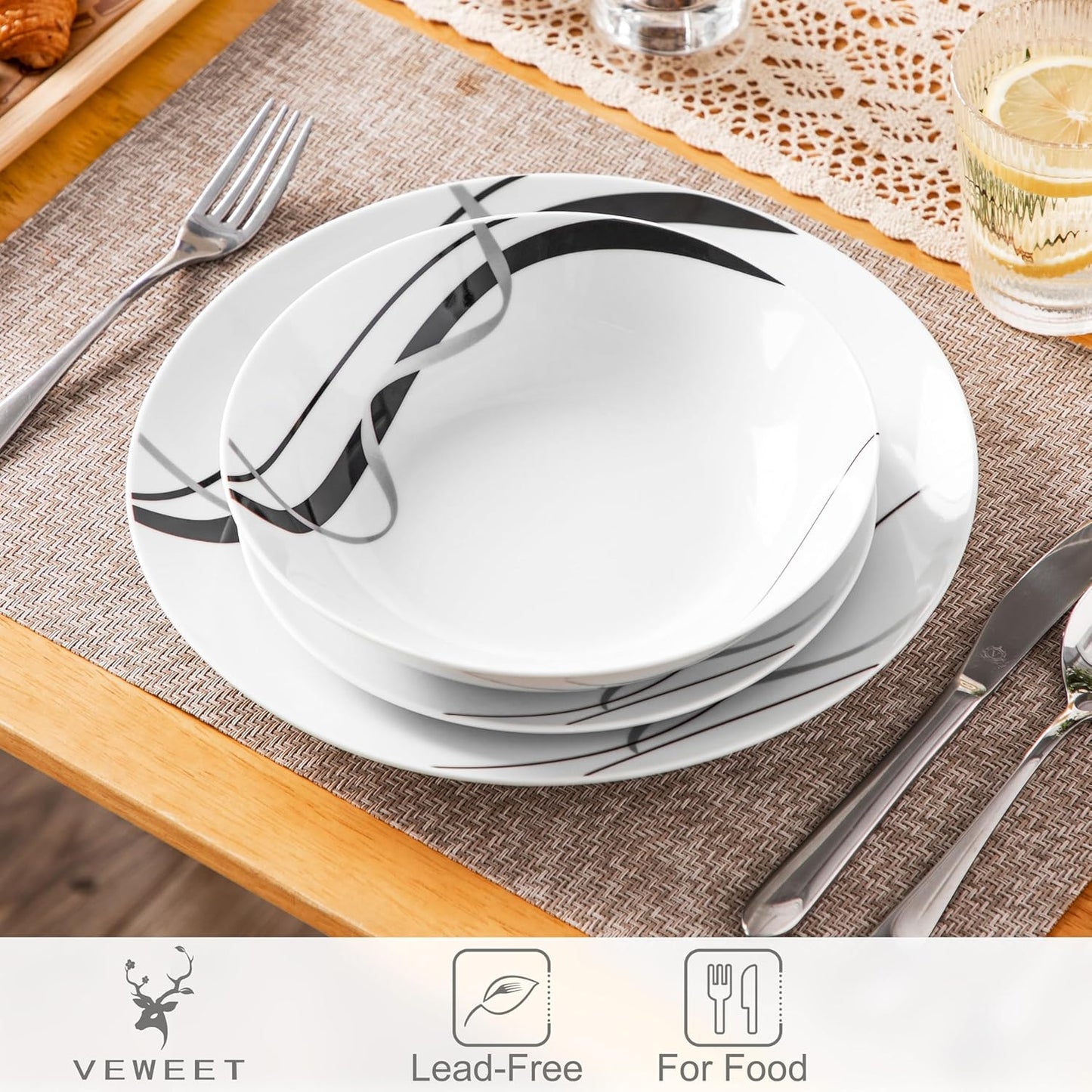 VEWEET Porcelain Dinnerware Sets for 6, 18 Pieces Plates and Bowls Set with Black and Grey Ribbon Lines, Dishes Set Dining Ware for Dinner, Microwave and Dishwasher Safe, Series FIONA