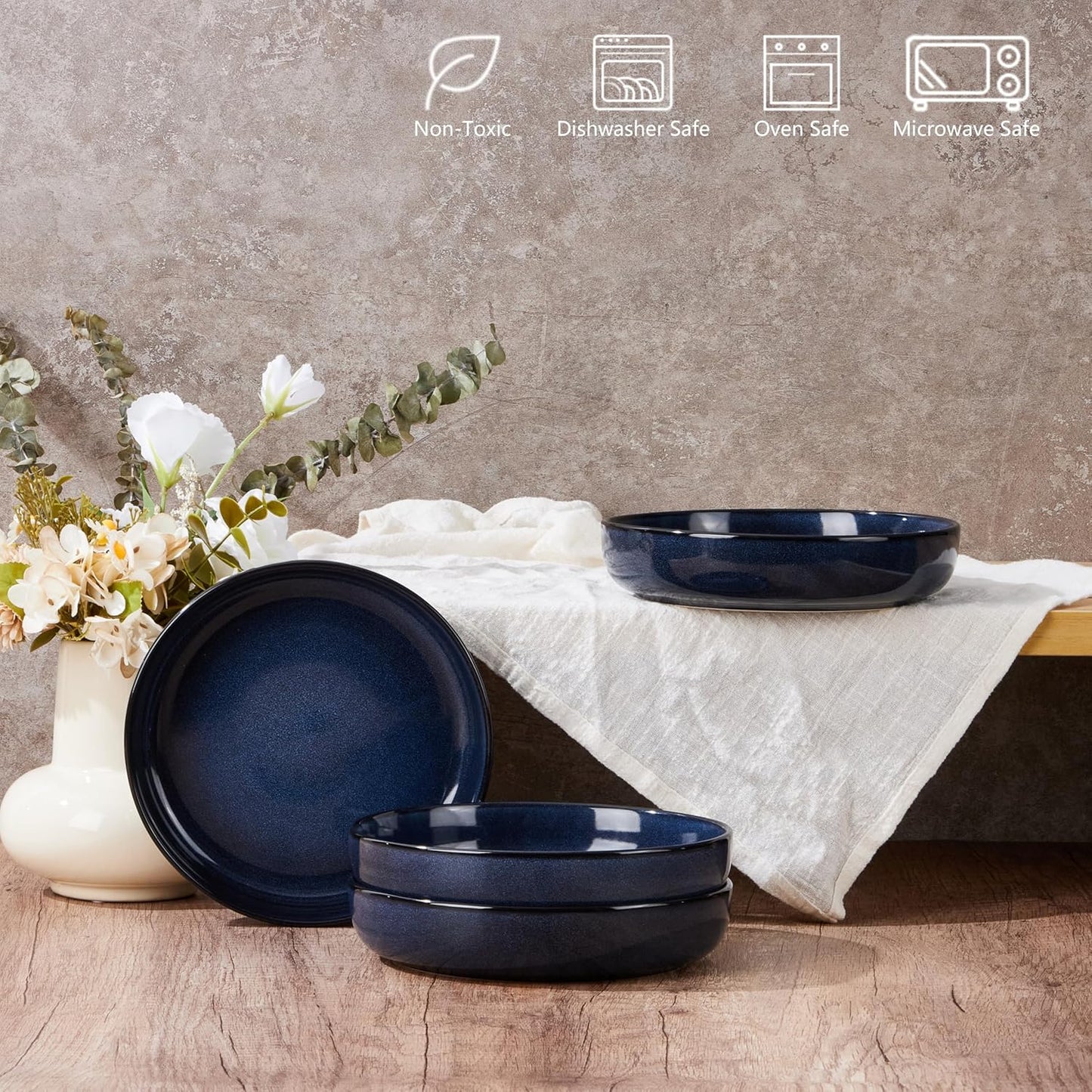 E-far Pasta Bowls Set of 4, 35oz Ceramic Large Salad Plate Bowls for Kitchen, Wide and Shallow Design for Serving Soup Pasta, Double Reactive Glaze, Dishwasher & Microwave Safe, Deep Sea Blue