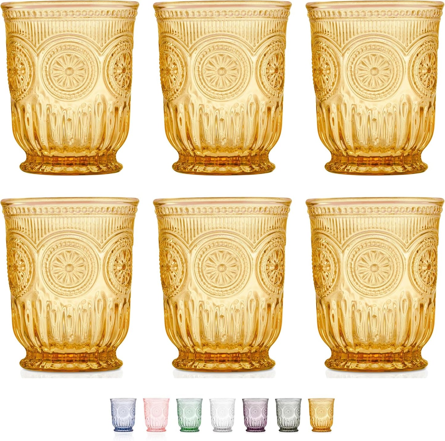 Yungala Amber drinking glasses set of 6 amber glassware cups, 8 oz small water glasses hobnail dishwasher safe cute colored drinkware for fall tablescape