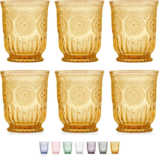Yungala Amber drinking glasses set of 6 amber glassware cups, 8 oz small water glasses hobnail dishwasher safe cute colored drinkware for fall tablescape