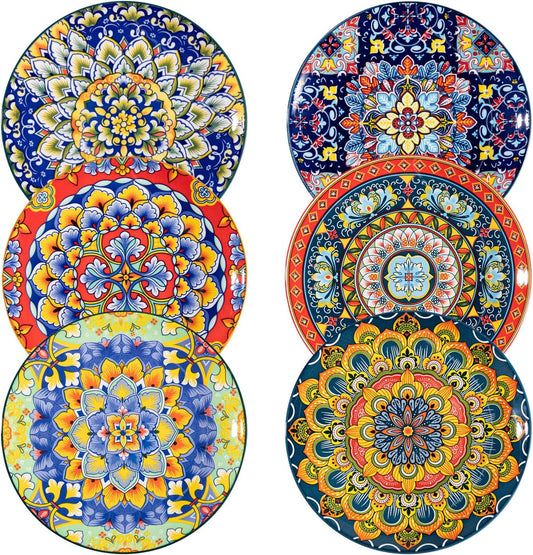 Sweejar Salad Plates 8 Inch,Ceramic Dessert Plates Set of 6,Bohemian Style Small Dinner Plates Dishwasher and Microwave Safe Round Colorful Dishes for Kitchen
