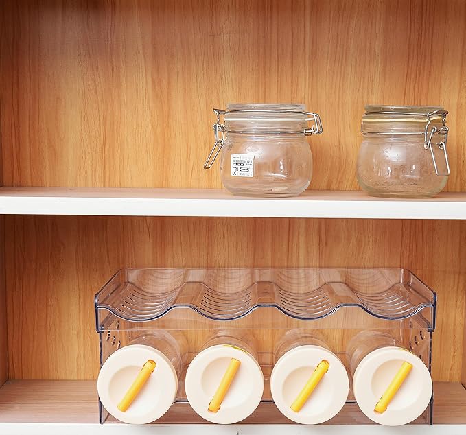 IEEK Plastic Stackable Bottle Storage Holder Rack Holds 16 Bottles,Free-Standing Water Bottle/Wine and Drink Organizer Shelf for Kitchen Cabinet,Fridge,Countertop,Pantry,Freezer,4 PackX4 Bottles,Clear