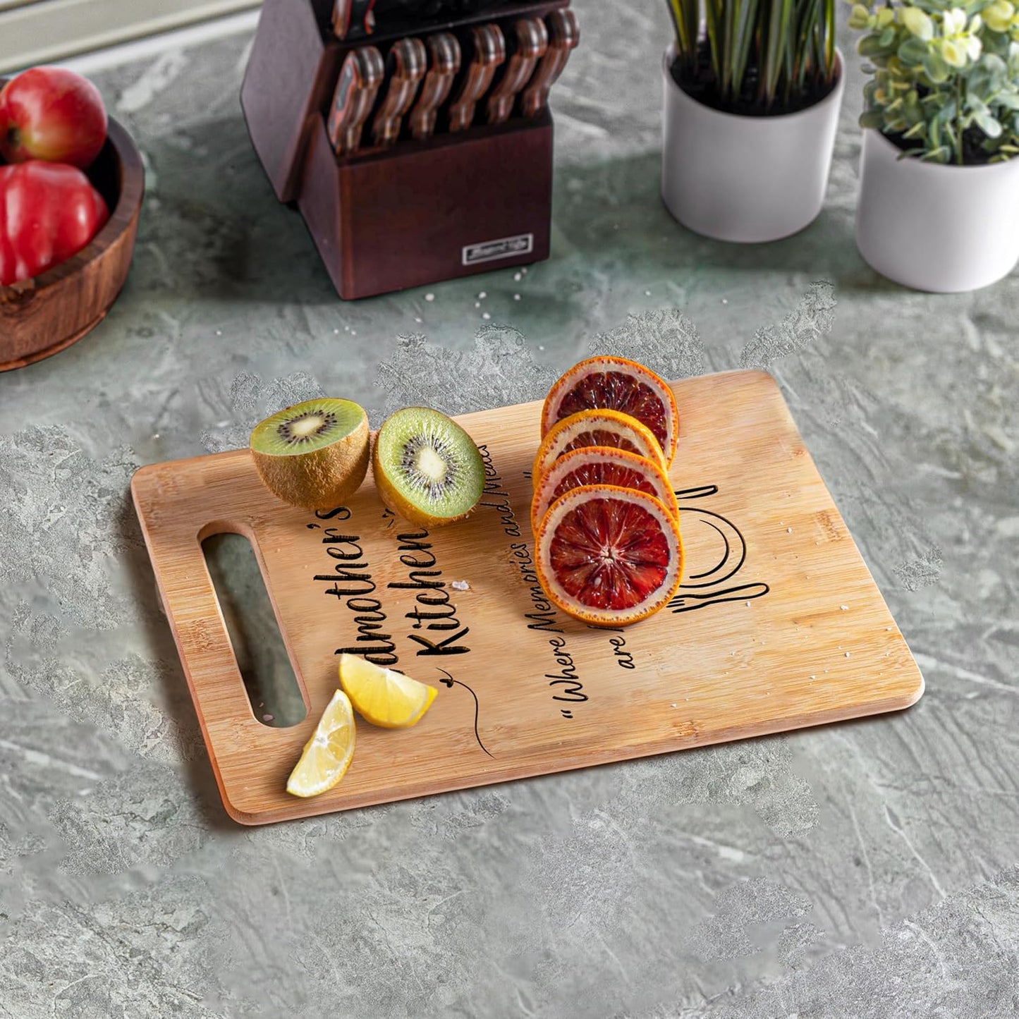 Gift for Godmother: Godmother's Kitchen Where Memories and Meals Are Made - Decorative Bamboo Cutting Board with Handle, 12" x 8"