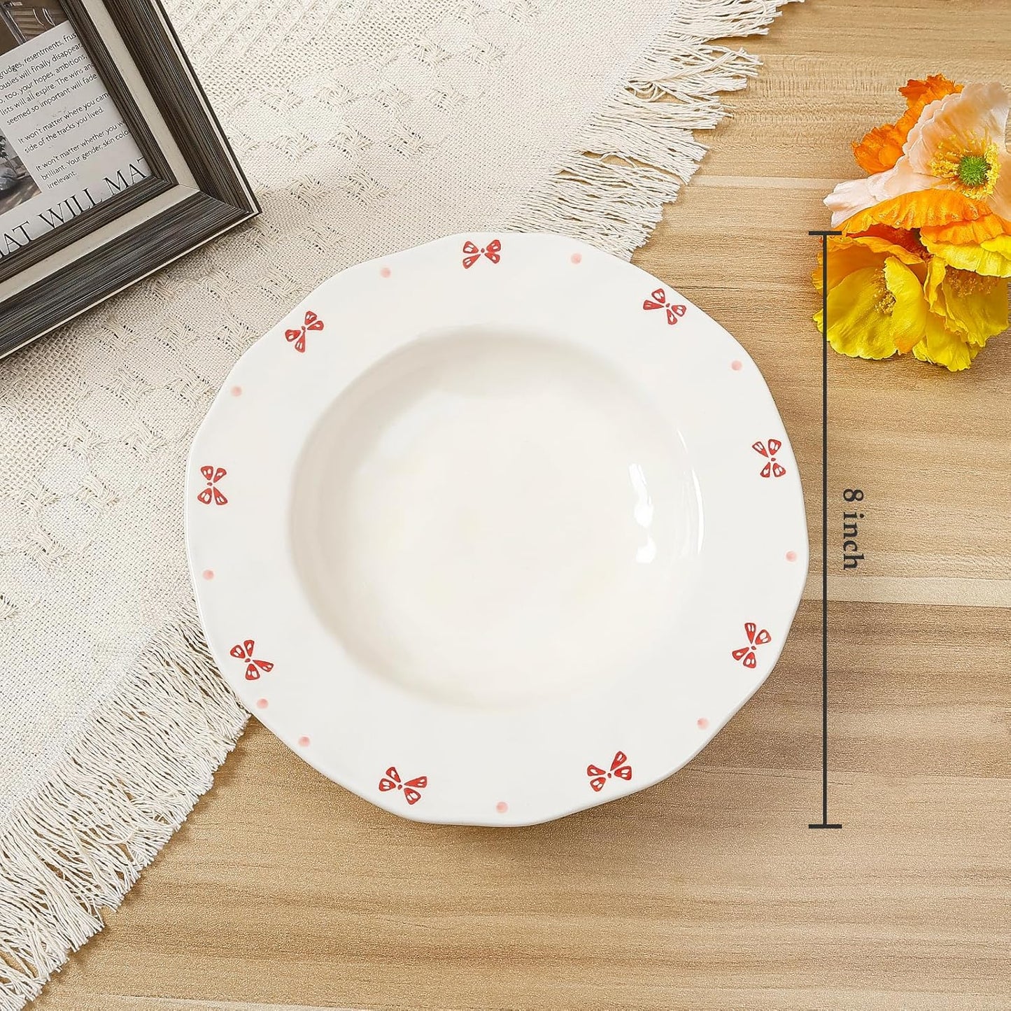 Koythin Ceramic Straw Hat Ramen Bowl Set, Pasta Bowls, Salad Serving Bowl for Noodle, Dinner, Salad, Microwave Dishwasher Safe (Pink Bow)