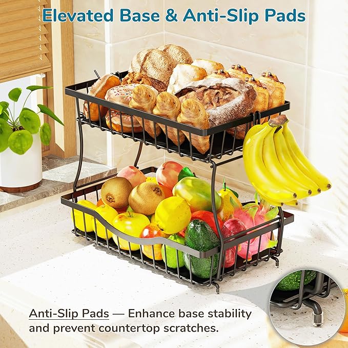 2 Tier Fruit Basket for Kitchen Counter with 2 Banana Hangers, Large Metal Fruit Bowl for Onion Vegetable Bread Snack, Countertop Organizer – Black, 14.5" W x 9.5" D