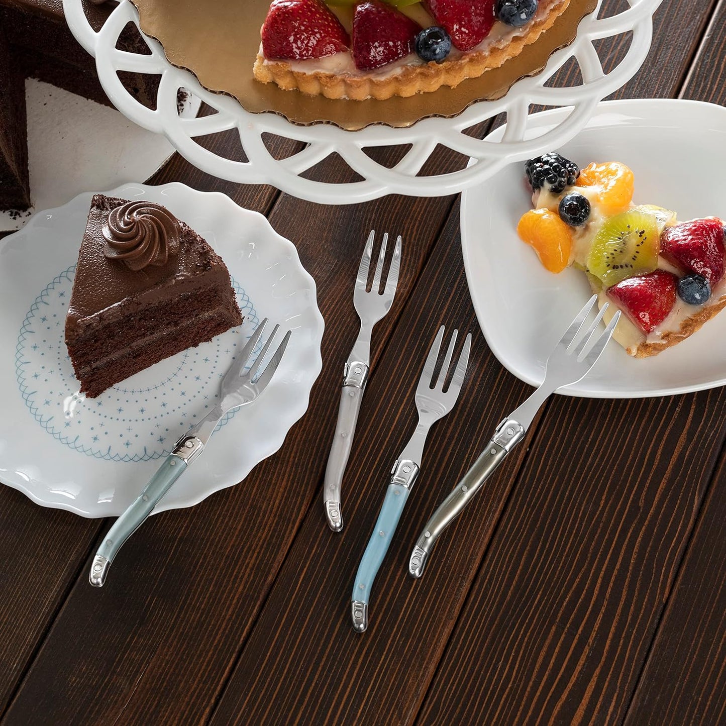 French Home Laguiole 4-Piece Cake Forks Set – Sophisticated Stainless Steel Forks with Mother of Pearl Handles – Laguiole Flatware Set for Cake, Fruit, or Appetizers (6.75")