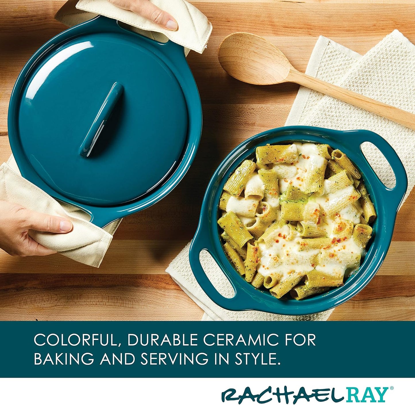 Rachael Ray Solid Glaze Ceramics Casserole Bakeware/Baker Set with Shared Lid, 3 Piece, Teal