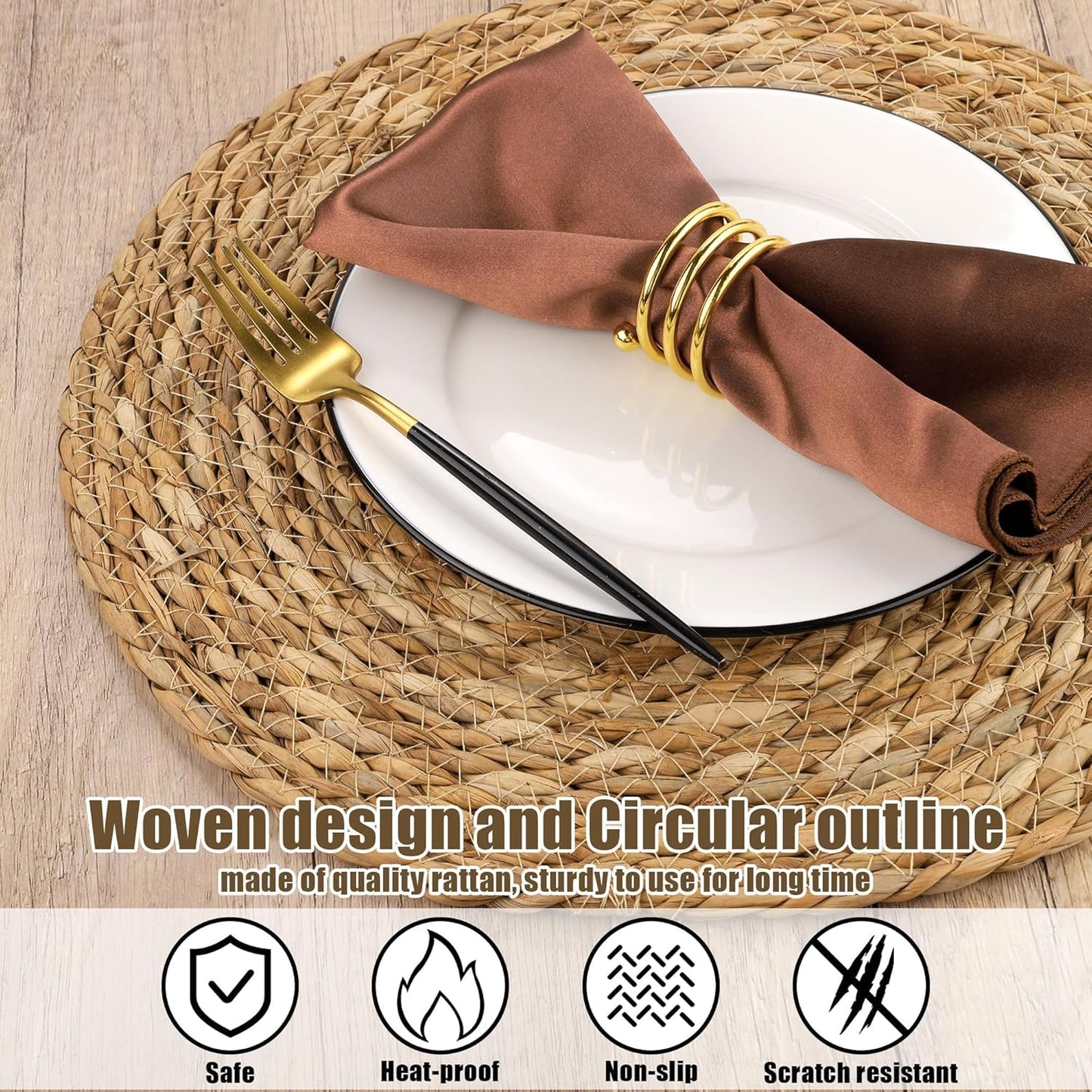 Set of 6 Round Woven Placemats - 13.8 Inches Natural Boho Rattan Wicker Table Mats for Home Dining Table