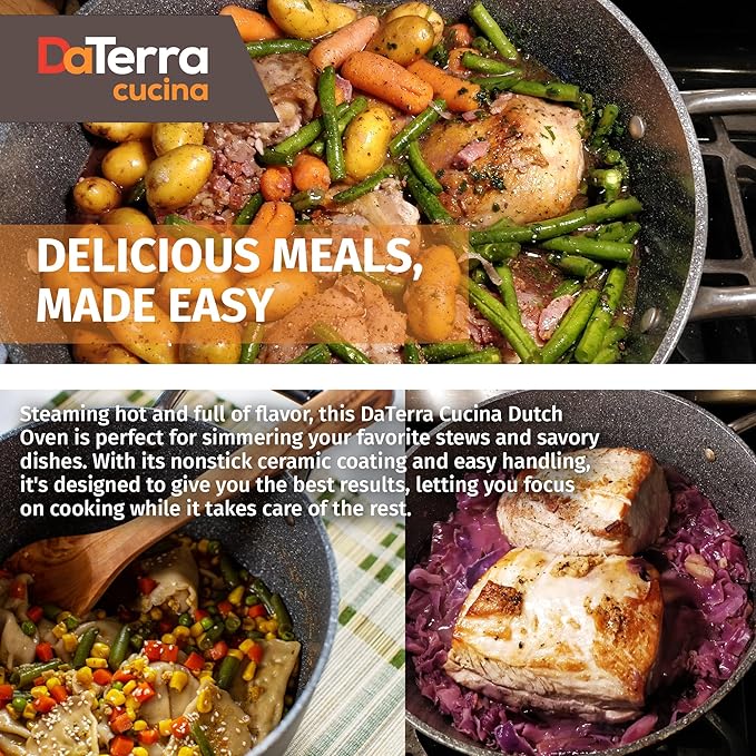 DaTerra Cucina – 8 Qt Nonstick Ceramic Dutch Oven with Lid – Large Oven Safe Stock Pot, Induction Compatible, Lightweight, Lead & PFOA Free, Volcanic Black, Durable Nonstick Cookware – Made in Italy