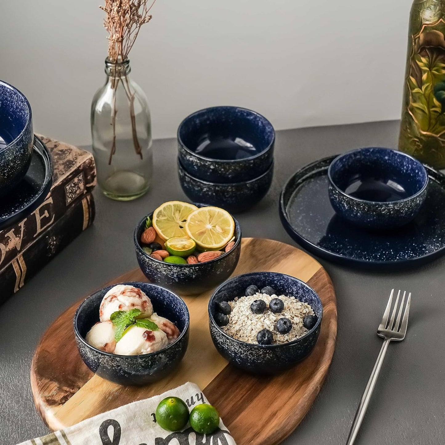 S&Q'S CERAMICS Ceramic Small Bowls for Kitchen, Set of 6, 9 oz Ice Cream Bowls, Small Bowl Set for Dipping, Breakfast, Oatmeal, Microwave and Dishwasher Safe (Navy Blue)