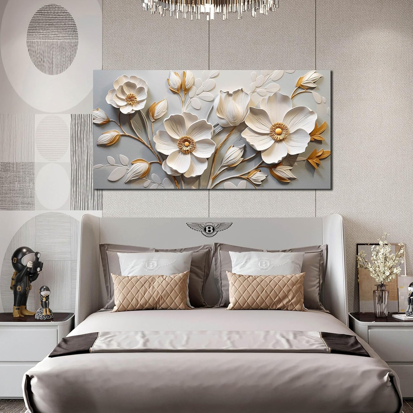 AOZEMI Floral Wall Decorations White Pictures Botanical Flower Canvas Gold Wall Art 29x59 Modern Big Artwork for Living Room Bedroom Office