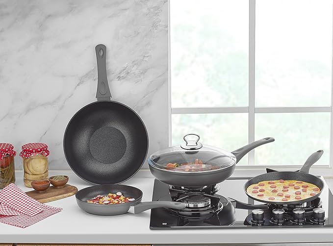 Saflon Titanium Nonstick 5 Piece Wok and Fry Pan Set 4mm Forged Aluminum with PFOA Free Scratch-Resistant Coating from England, Dishwasher Safe