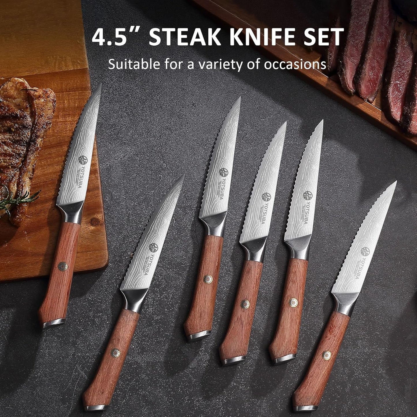 YOTSUBA Steak Knives Set of 6, 4.5 Inch Steak Knife Set, Razor-Sharp High-Carbon Stainless Steel Kitchen Steak Knife with Ergonomic Wood Handle, Dinner Knives with Gift Box