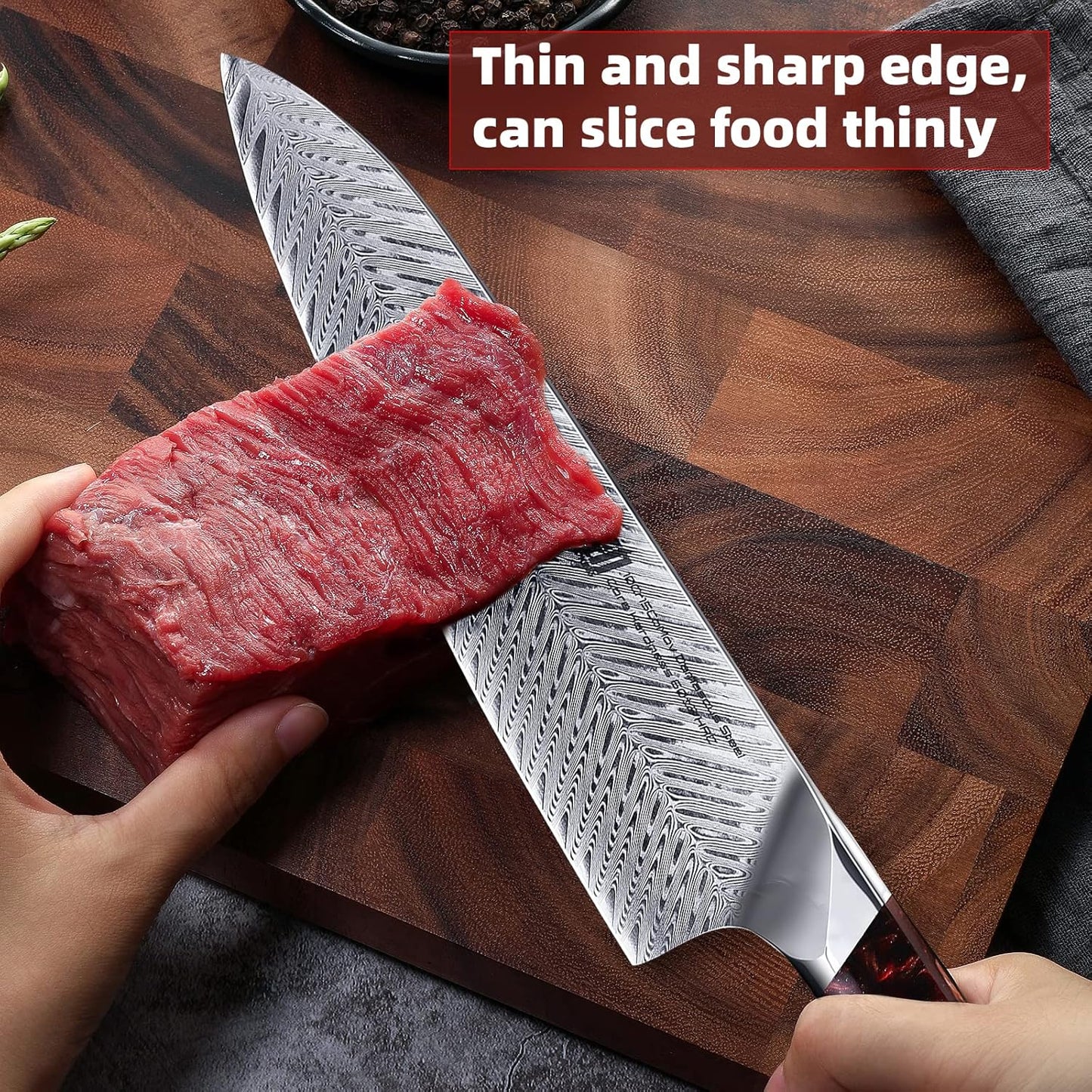 FINDKING Nebula Series Chef Knife with ABS Sheath, Multipurpose Japanese Gyuto Knife, 10Cr15CoMov Damascus Steel Blade, Resin and Figured Sycamore wood Handle, Full Tang, 8 Inch, Red, for Meat