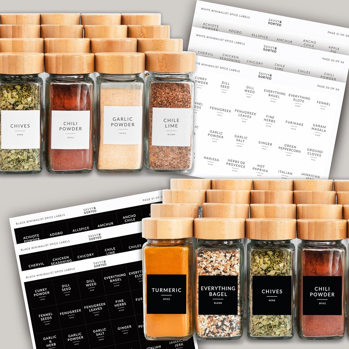 SAVVY & SORTED Glass Spice Jars with Label, 24PK Bamboo Jar Spices Set 4oz, 374 Spice Labels, Pepper Grinder, Empty Herb Seasoning Containers, Funnel and Shaker Lids