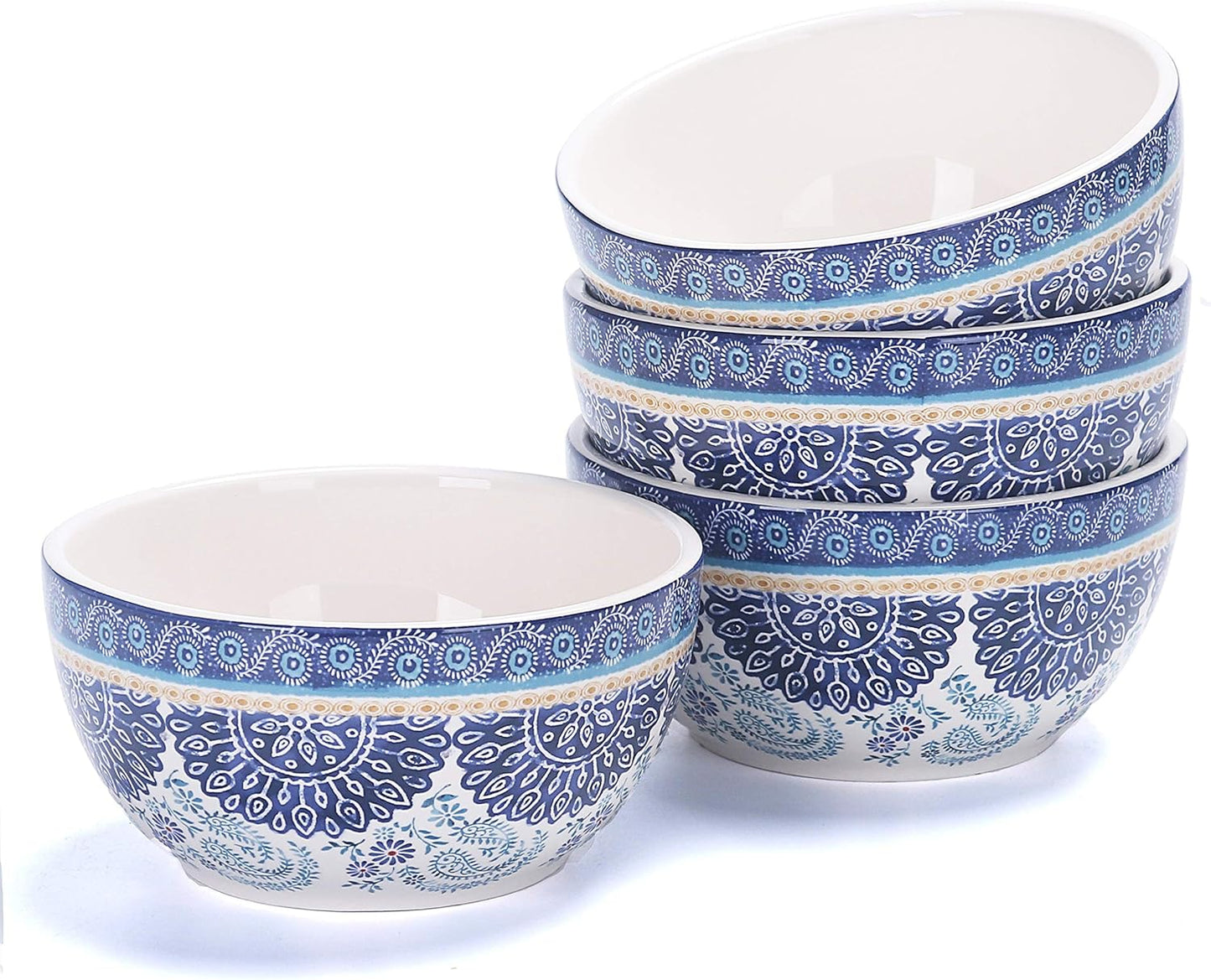 Bico Blue Talavera Cereal Bowls Set of 4, 26 oz Deep Ceramic Soup Bowls for Cereal, Salad, Noodles, Kitchen, Microwave and Dishwasher Safe, Gift for Housewarming and Thanksgiving