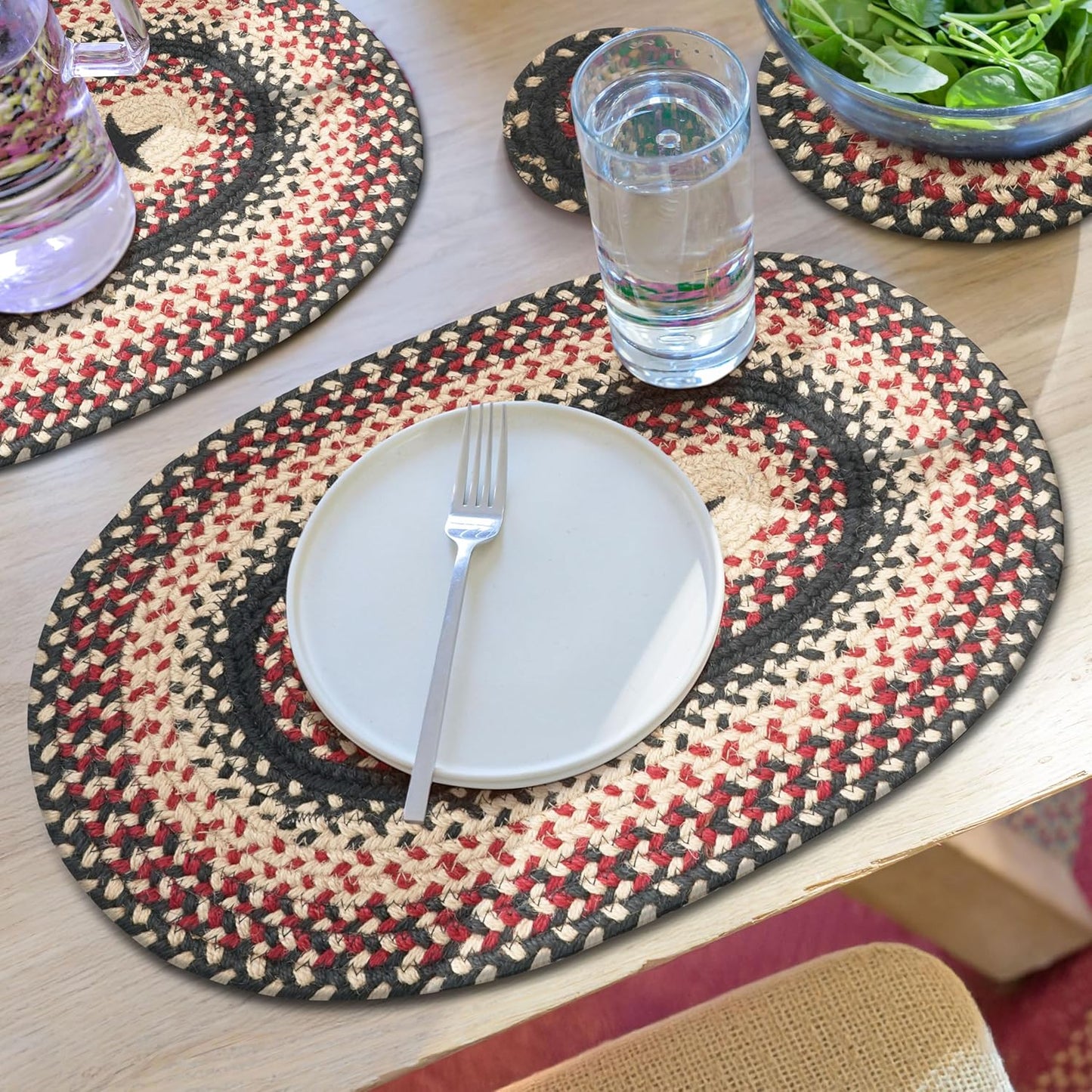 Homespice Primitive Star Gloucester Jute Braided Oval Placemats, Warm Primitive Decor, Set of 6, 13x19 Black and Red Table Mats - Vibrant Colors, Durable, Easy to Clean and Protects Furniture