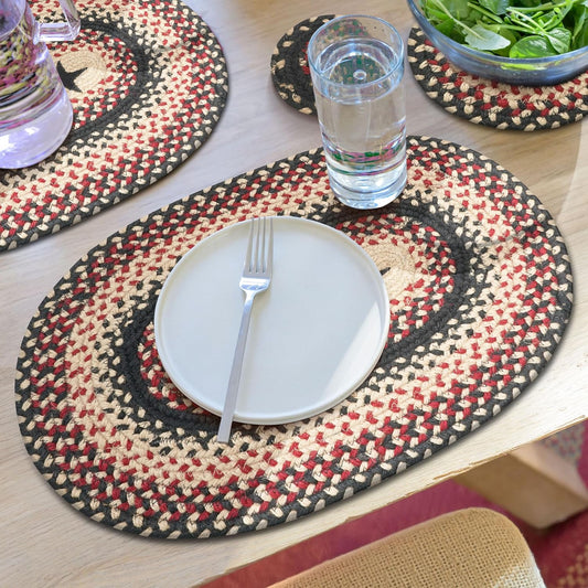Homespice Primitive Star Gloucester Jute Braided Placemats, Warm Primitive Decor, Set of 4, Black and Red 13x19 Oval Table Mats - Vibrant Colors, Durable, Easy to Clean and Protects Furniture