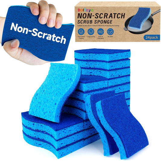 Non Scratch Scrub Sponges, 24 Count Kitchen Sponges Pack Safe on Non-Stick Cookware, Dual Sided Cleaning Sponges for Dishes, Blue