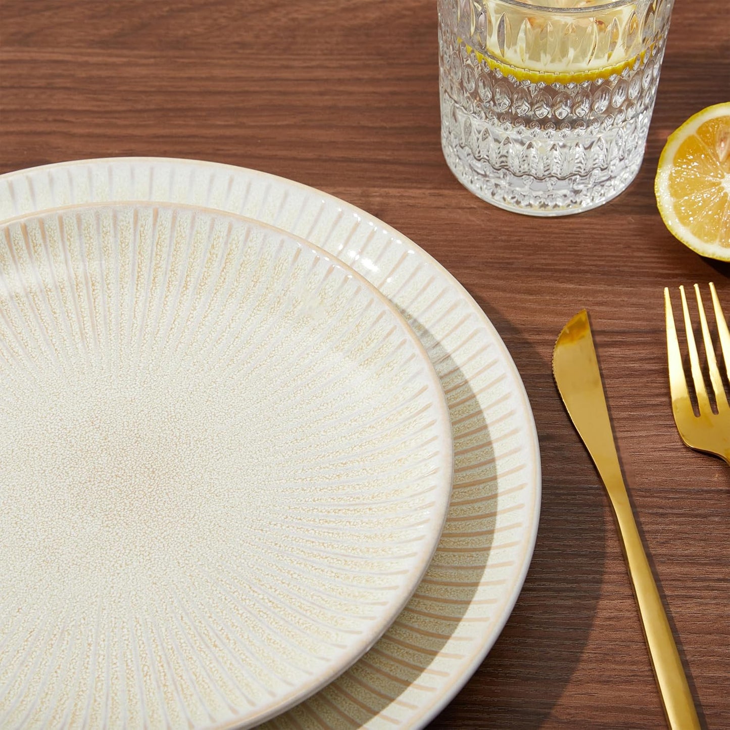 Ceramic Dinnerware Sets for 4, 12 Pieces Embossed Stoneware Plates and Bowls Sets, Scratch Resistant Dish Sets, Distinctive Granulated Surface, Housewarming Wedding Gift, Brown