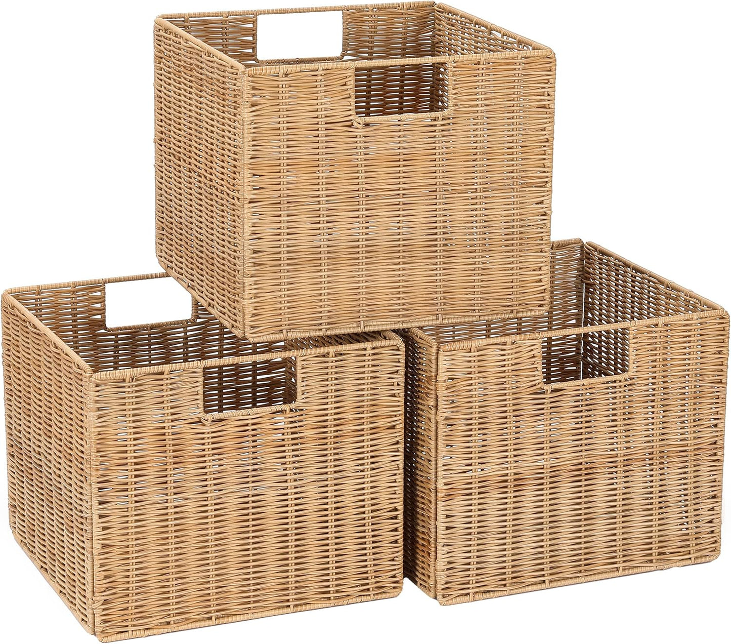 12X12X10in Plastic Wicker Storage Basket, Collapsible Wicker Cube Storage for Shelves, Woven Plastic Storage Basket for Pantry, Bedroom, Living Room, Bathroom, Shelves-3 Pack
