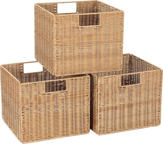 12X12X10in Plastic Wicker Storage Basket, Collapsible Wicker Cube Storage for Shelves, Woven Plastic Storage Basket for Pantry, Bedroom, Living Room, Bathroom, Shelves-3 Pack