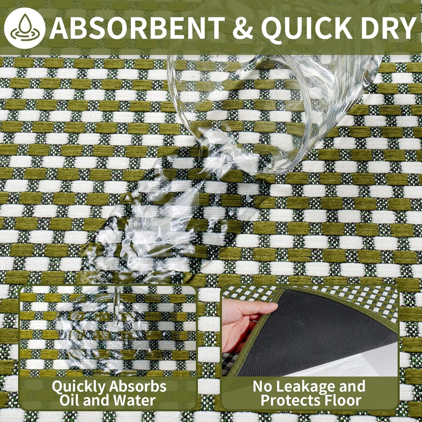 Long Kitchen Runner Rugs Kitchen Mat Non Slip Washable, Super Absorbent Soft Chenille Braided Kitchen Mats for Floor, Rubber Backing Kitchen Floor Sink Standing Mat, Easy Clean, Green 24"x71"