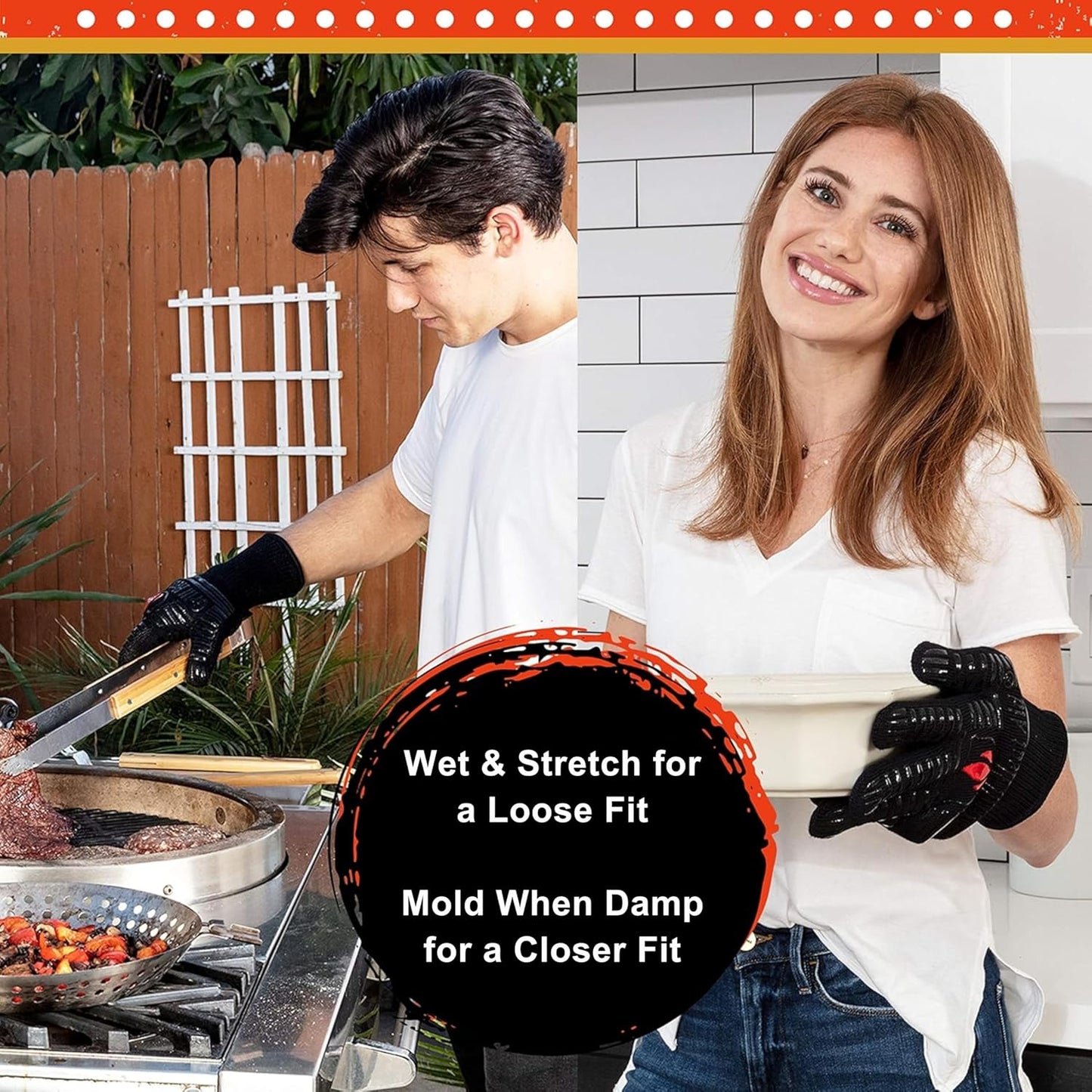 GRILL HEAT AID BBQ Grill Gloves 1472°F - Extreme Heat Resistant Oven Mitts for Grilling, Smoker & Fire Pit with Silicone Grip & EN407 Cut Resistance - Mid Cuff (Large Palm), Black