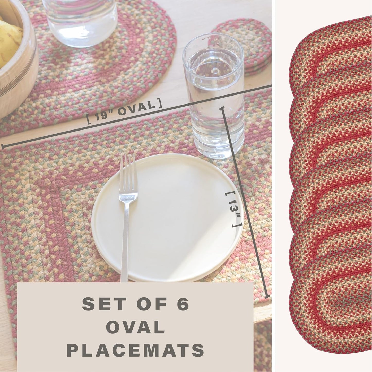 Homespice Cider Barn Jute Braided Oval Placemats, Warm Country Rustic Decor, Set of 6, 13x19 Red Table Mats - Vibrant Colors, Durable, Easy to Clean and Protects Furniture