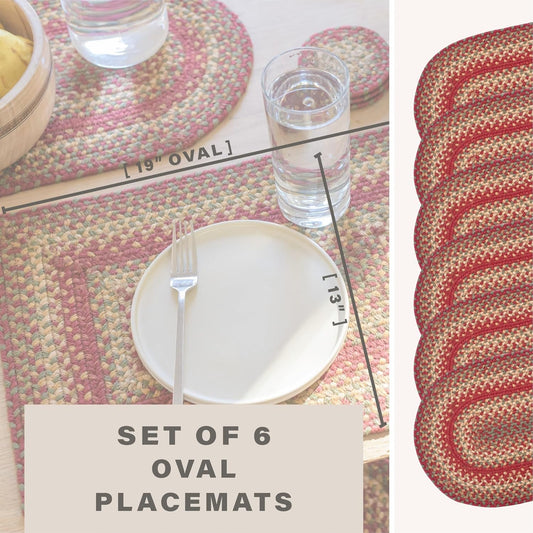 Homespice Cider Barn Jute Braided Oval Placemats, Warm Country Rustic Decor, Set of 6, 13x19 Red Table Mats - Vibrant Colors, Durable, Easy to Clean and Protects Furniture