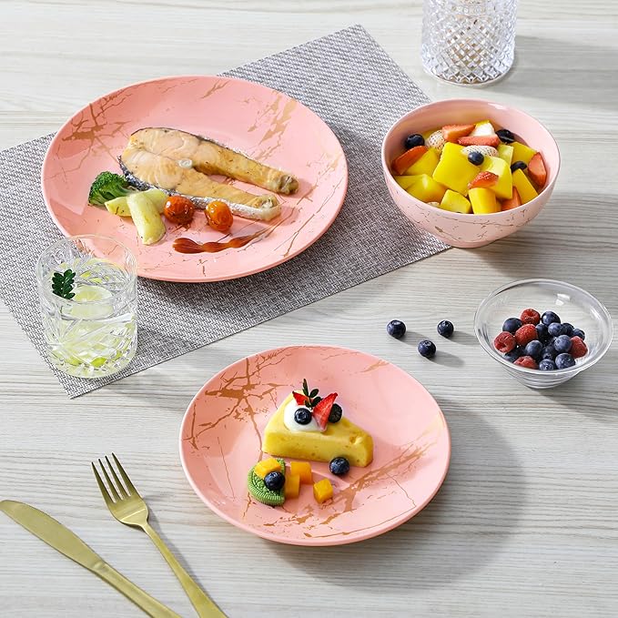 LOVECASA Pink Dinnerware Sets for 4, 12 Piece Porcelain Plates and Bowls Sets, Gold Splash Dish Set, Modern Ceramic Dinner Set, Dishwasher Microwave Safe