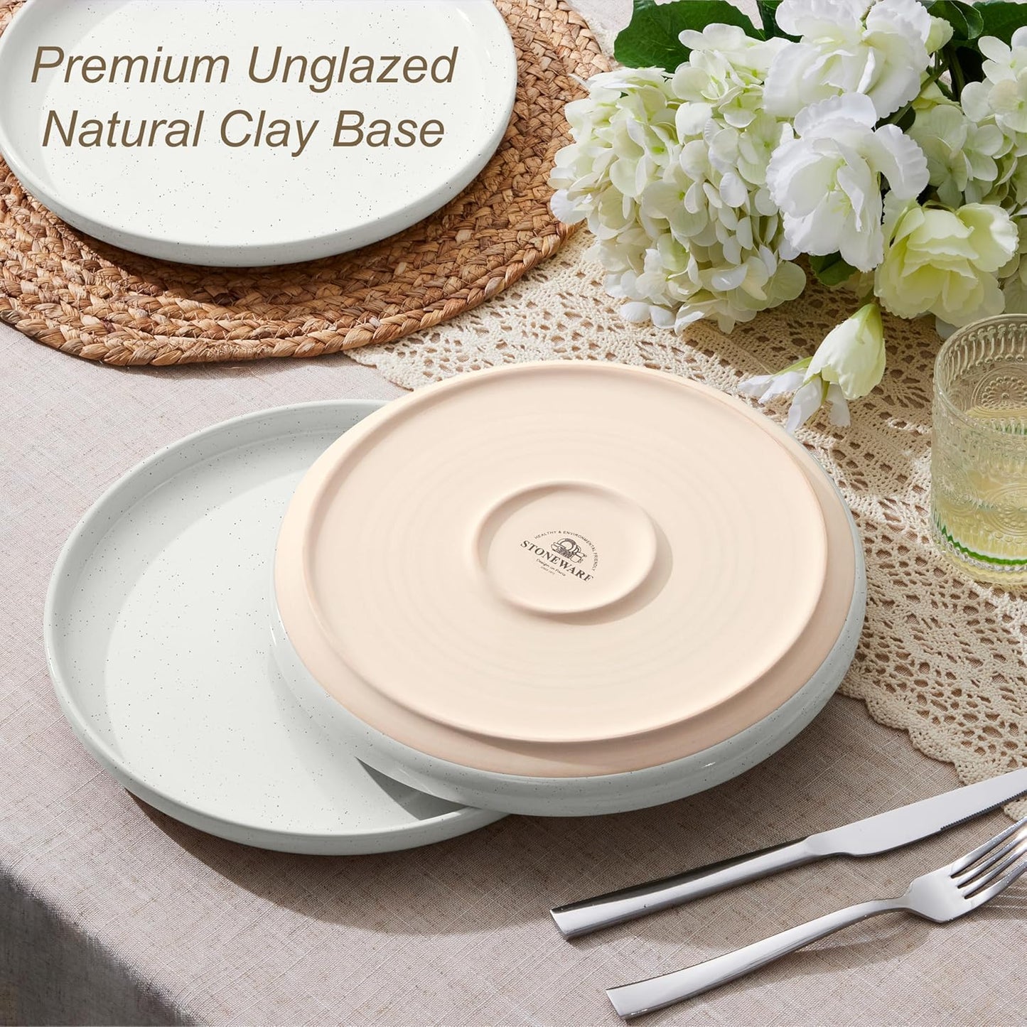 LIANYU Stoneware Dinner Plates Set of 6, 10.5 Inch Large Ceramic Salad Plates for Kitchen, Porcelain Round Serving Dishes Set, Oven, Microwave & Dishwasher Safe, Scratch Resistant, Snowy White