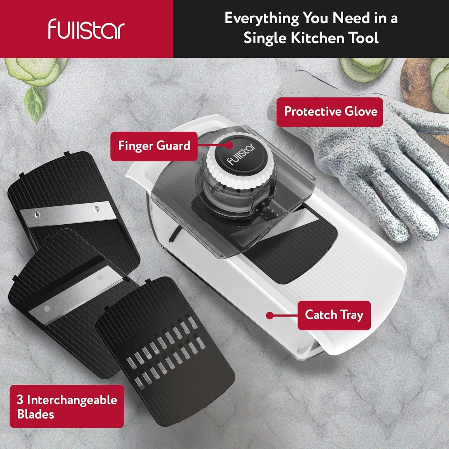 Fullstar Mandoline Slicer for Kitchen, Fruit Cutter, Cheese Grater, Cucumber Slicer, Food Cutter & Kitchen Gadgets (3 in 1, White)