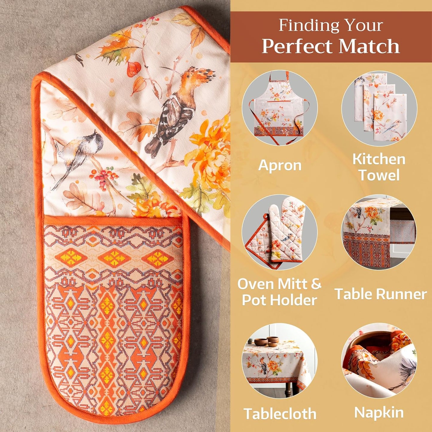 Maison d' Hermine Double Oven Mitt (7" x 35") 100% Cotton Heat Resistant BBQ Cooking Gloves with Loop for Thanksgiving Christmas Decorations Baking Cooking Barbeque Handling Hot Pan (Kelim - Prairie)