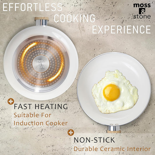 Moss & Stone 6 Pcs White Nonstick Cookware Set, Pots And Pans Set Non stick With Glass Lid, Induction Cookware, Stay-Cool Handle PTFE/PFOA Kitchen Pots 6-Piece with Frying Pans & Saucepan
