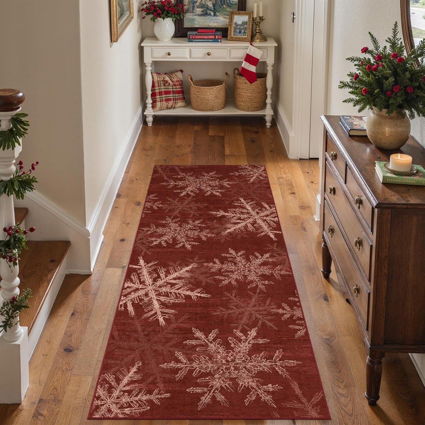 Snowflake Runner Rug 2x6 Red Christmas Hallway Carpet Washable Bedroom Carpet Xmas Holiday Decor Non Slip Kitchen Mat Indoor Decorative Throw Rug Dining Room Laundry Room Living Room