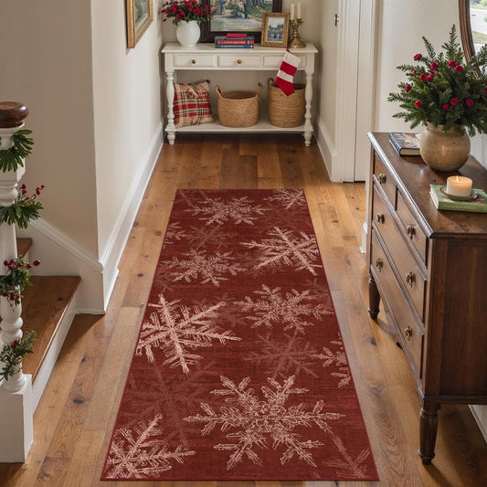 Snowflake Runner Rug 2x6 Red Christmas Hallway Carpet Washable Bedroom Carpet Xmas Holiday Decor Non Slip Kitchen Mat Indoor Decorative Throw Rug Dining Room Laundry Room Living Room