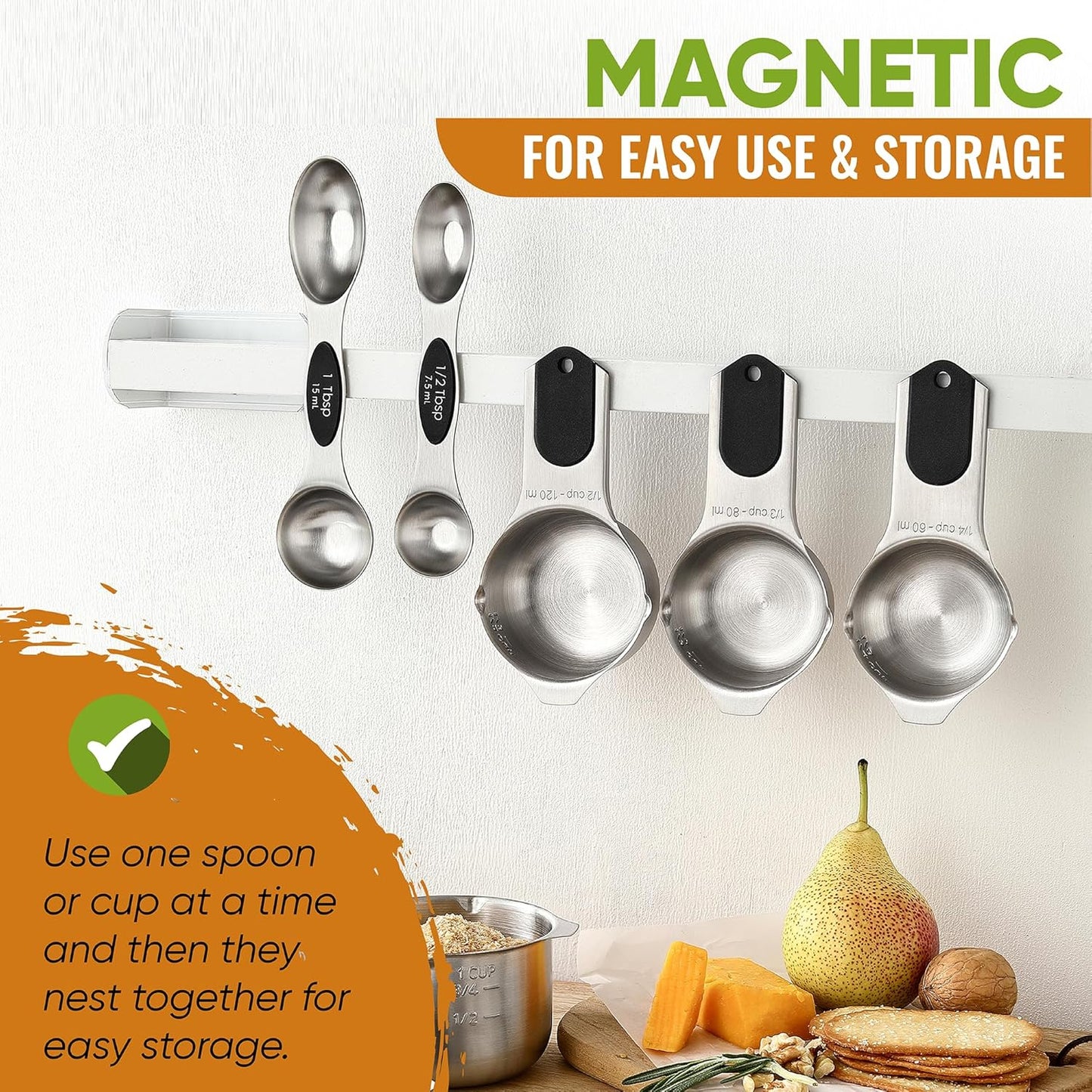 Spring Chef Magnetic Measuring Cups & Spoons Set, Patented, Strong N45 Magnets, Heavy Duty Stainless Steel Fits in Spice Jars for Baking & Cooking, BPA Free, Round Set of 9, Black