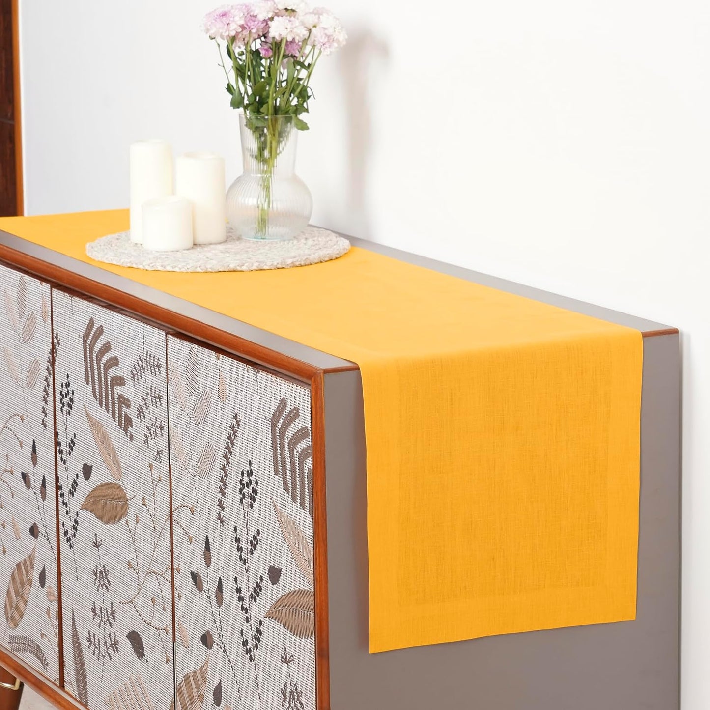 D'Moksha Homes Linen Table Runner 54 Inches - 100% Pure Linen Sunflower Yellow Table Runner 14 x 54 Inch for Dresser, Coffee Tables, Fall, Autumn and Halloween - Machine Washable